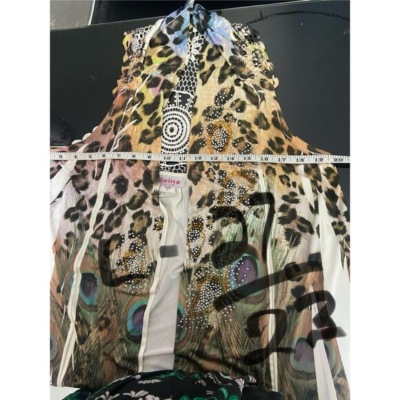 Reina Peacock & Animal Print Sleeveless Cardigan‎ Open Knit Detail Size Large - Picture 13 of 13